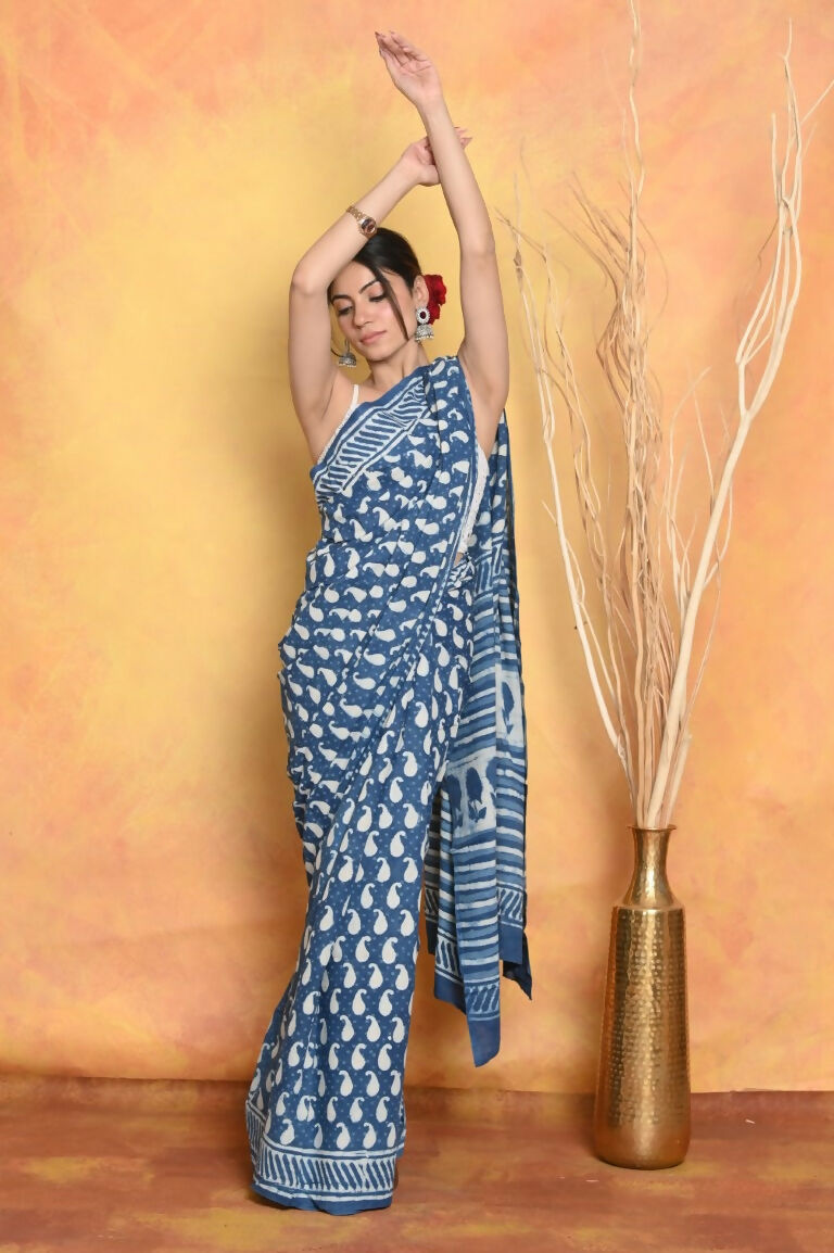 Very Much Indian Handblock Printed Cotton Saree With Natural Dyes - Blue - Distacart