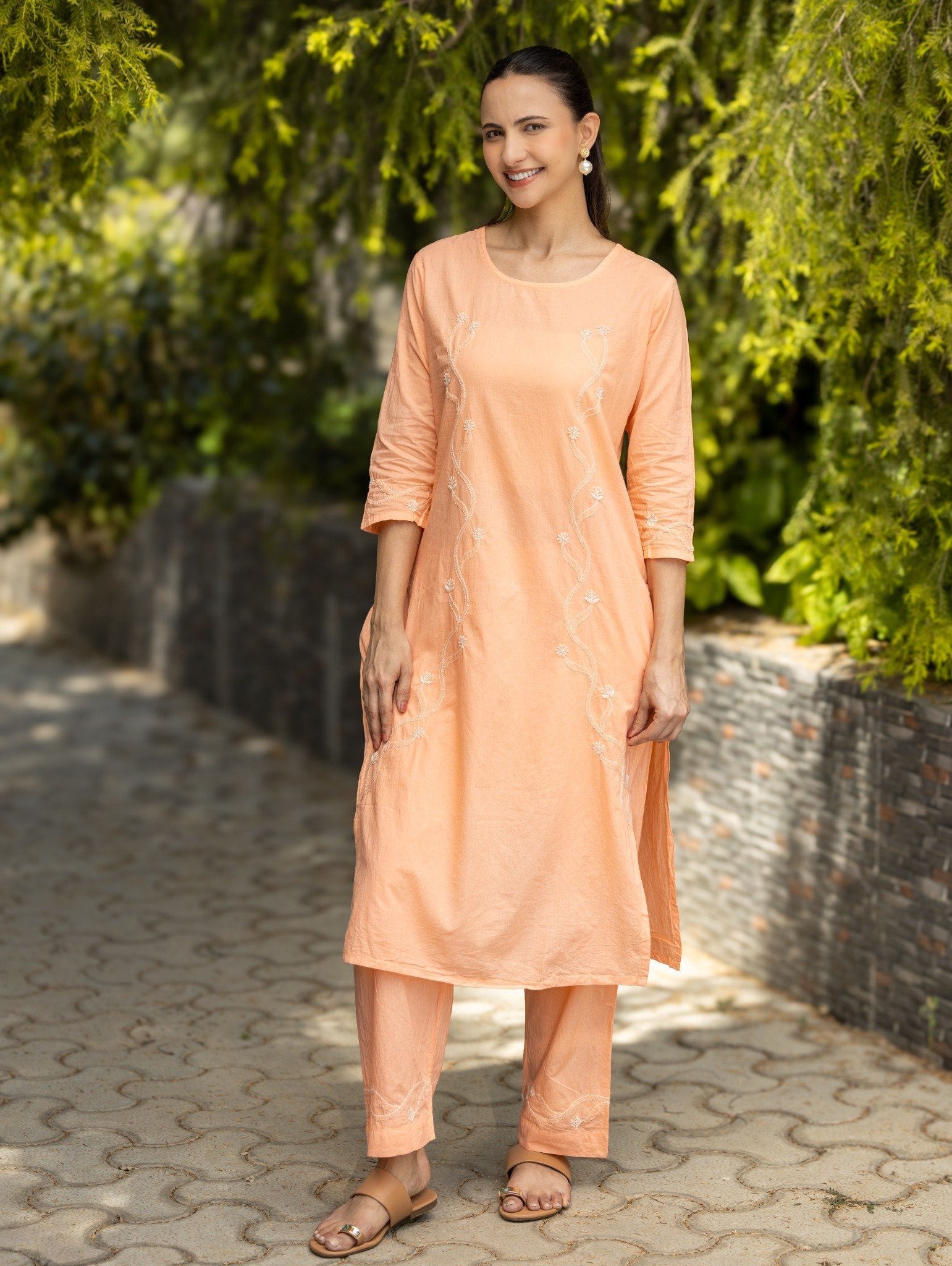 Gharana India Mul Cotton 2 Pc Peach Chikankari Kurta Set - Dista