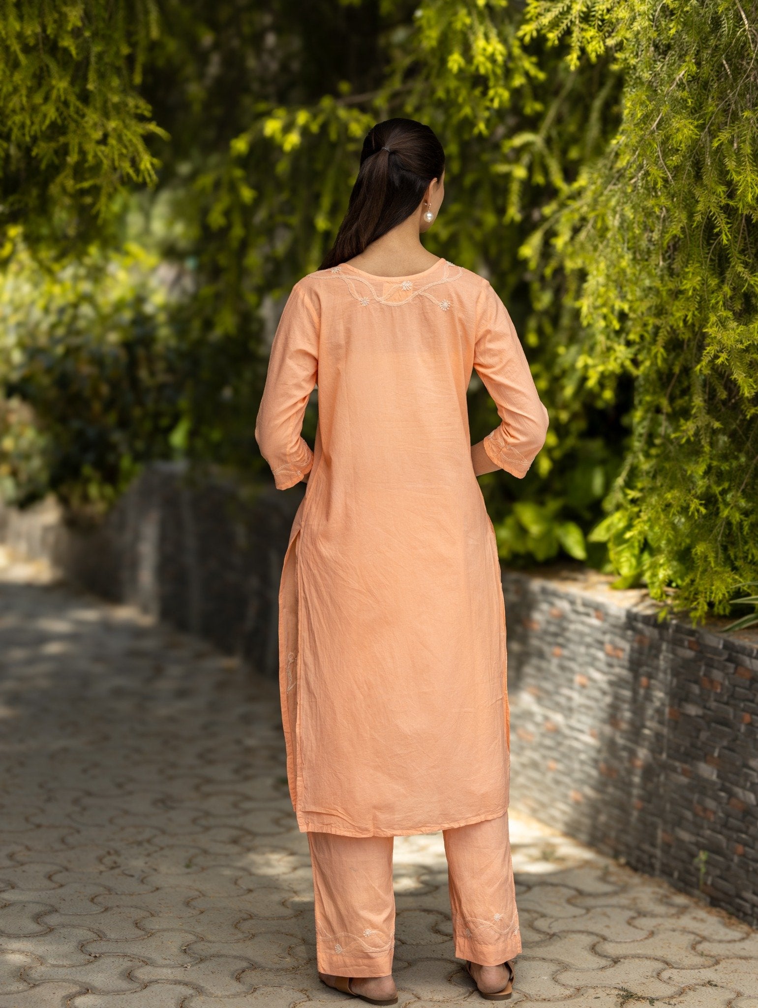 Gharana India Mul Cotton 2 Pc Peach Chikankari Kurta Set - Dista