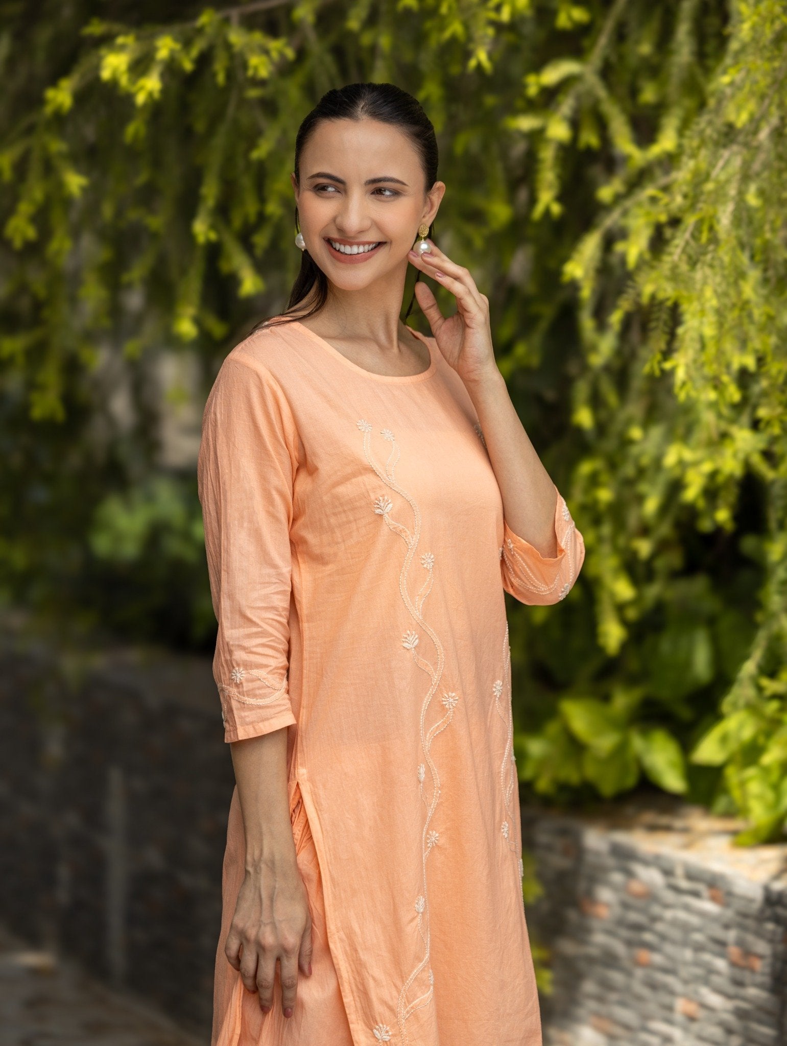 Gharana India Mul Cotton 2 Pc Peach Chikankari Kurta Set - Dista