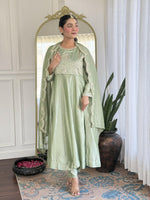 Thumbnail for The52 Pista Women's Gorgeous Embroidered Vichitra Silk Fabric Flared Kurta Pant with Dupatta Set - Distacart