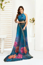 Thumbnail for Vastranavya Teal Digital Printed Linen Ready To Wear Designer Saree with Unstitched Blouse - Distacart
