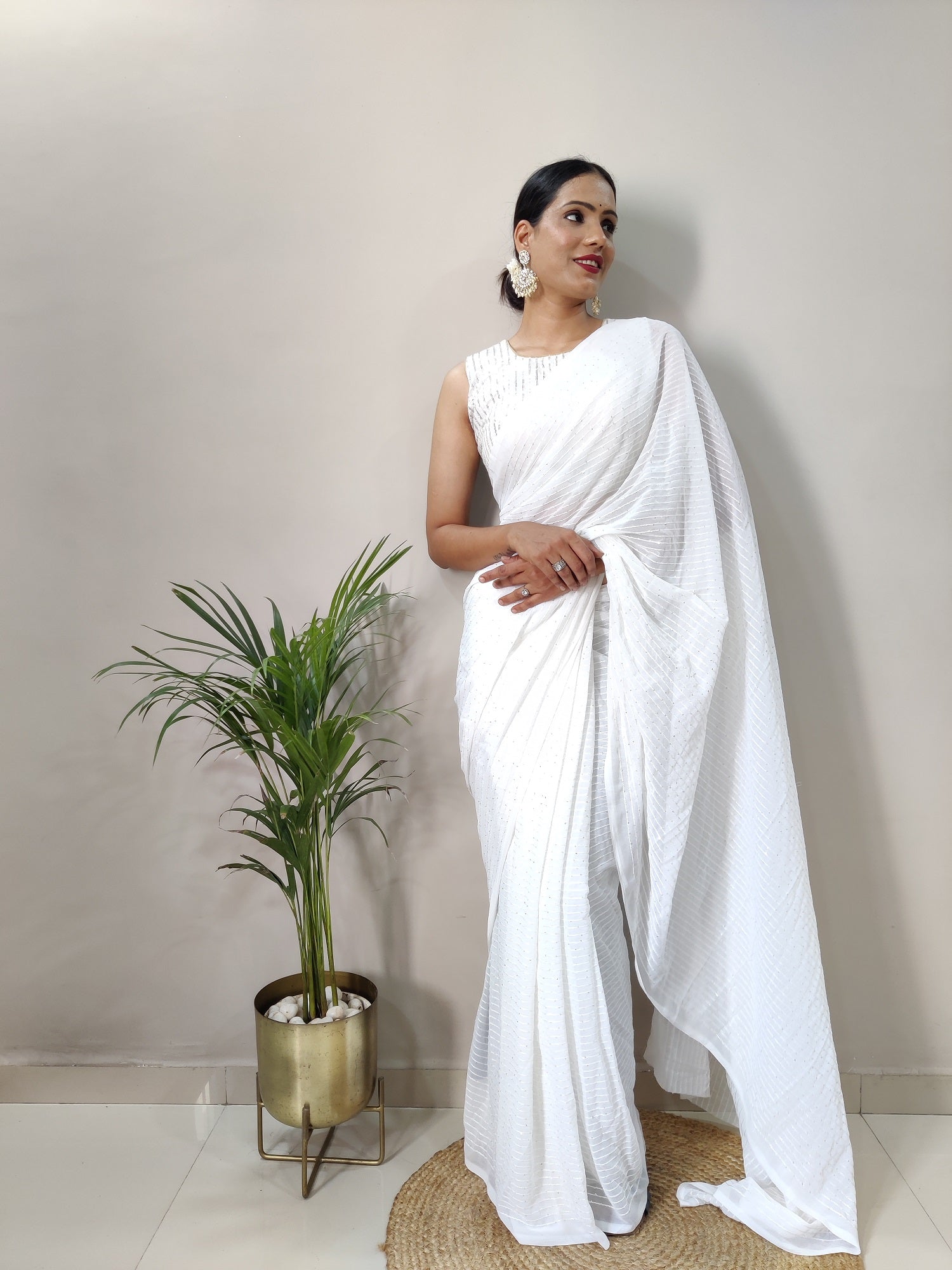 Teeya Creation White Color Georgette Fabric Heavy Work Saree - Distacart
