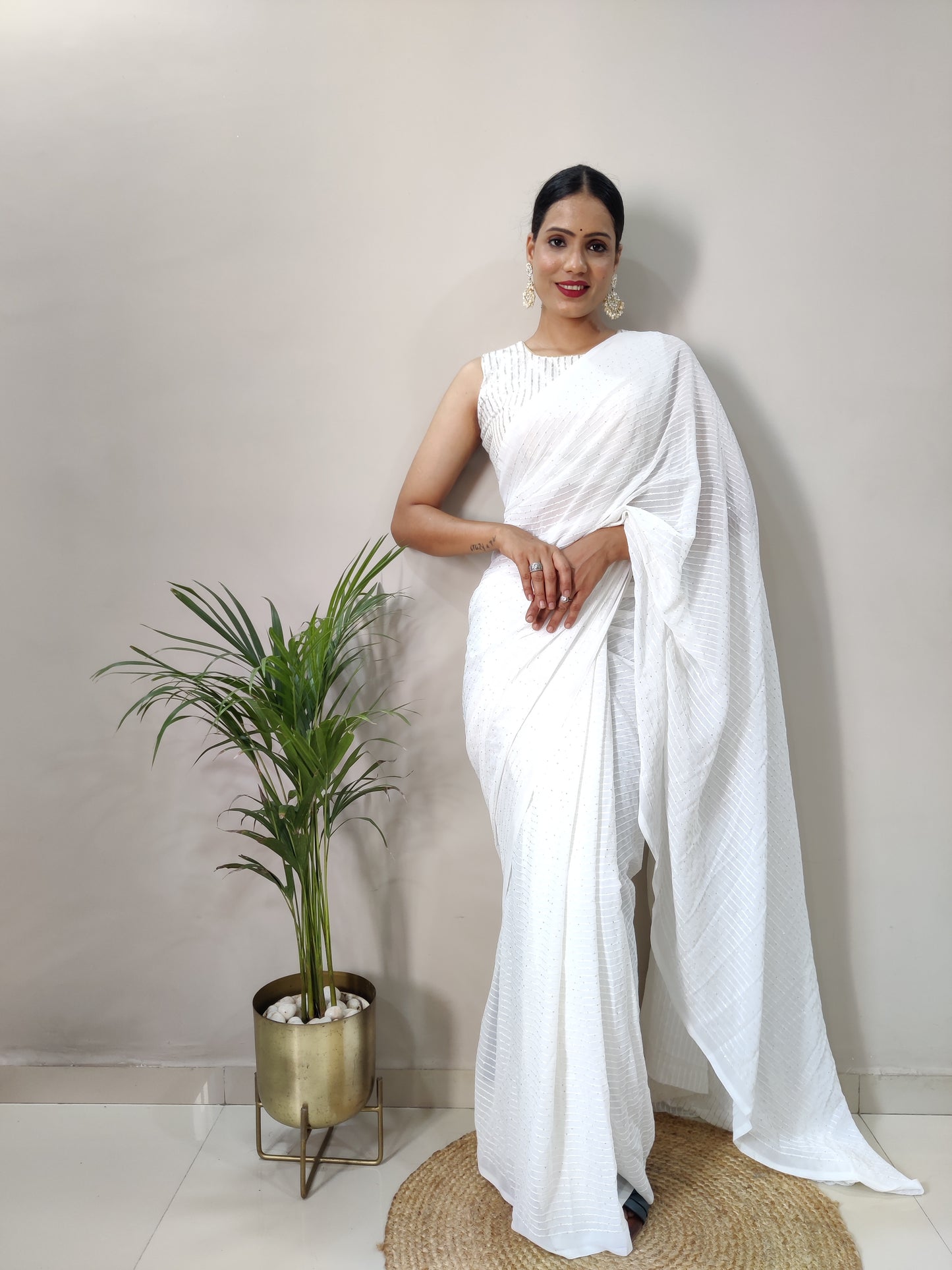 Teeya Creation White Color Georgette Fabric Heavy Work Saree - Distacart