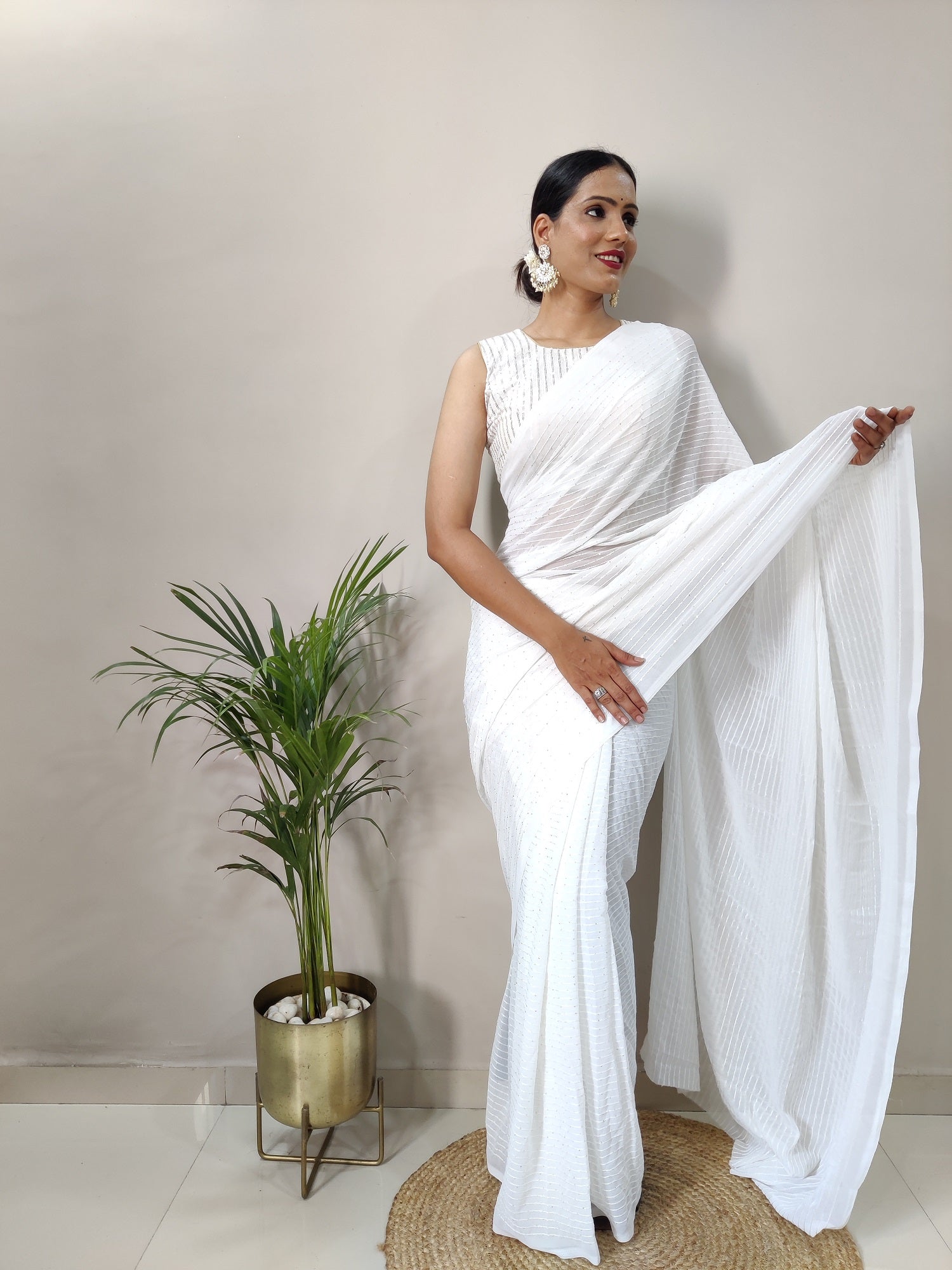 Teeya Creation White Color Georgette Fabric Heavy Work Saree - Distacart