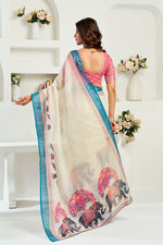 Thumbnail for Vastranavya Cream Digital Printed Linen Ready To Wear Designer Saree with Unstitched Blouse - Distacart