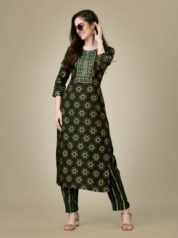 Jyoti Fashion Women's Dark Coffee Rayon Embroidered Kurta Pant Set - Distacart