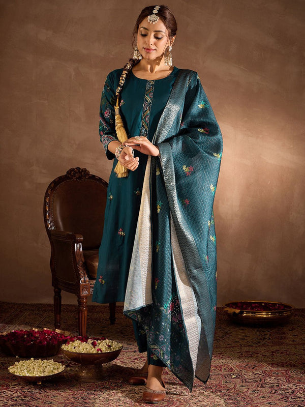 Indo Era Floral Embroidered Thread Work Straight Kurta With Trousers & Dupatta