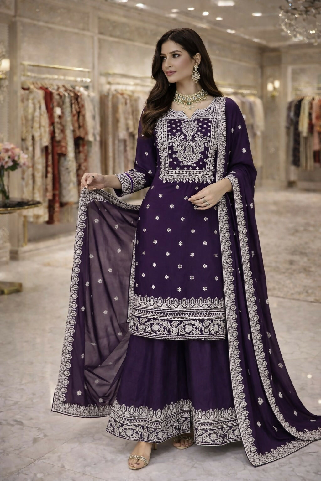 Teeya Creation Purple Fendi Silk Designer Heavy Work Wedding Wear Palazzo - Distacart
