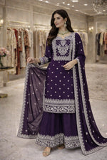 Thumbnail for Teeya Creation Purple Fendi Silk Designer Heavy Work Wedding Wear Palazzo - Distacart