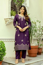 Thumbnail for The52 Wine Women's Beautiful Viscose Chanderi Fabric Thread Work Straight Kurta Pant and Dupatta Set - Distacart