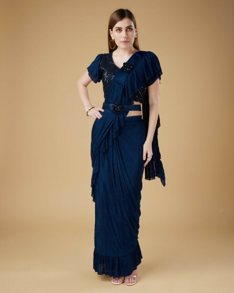Blue Imported Crush Solid Ready to Wear Saree with stitched Blouse - Aayan - Distacart