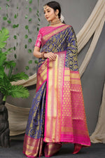 Thumbnail for Jyoti Fashion Women's Navy Blue Kanjivaram Silk Zari Woven Saree with Blouse - Distacart