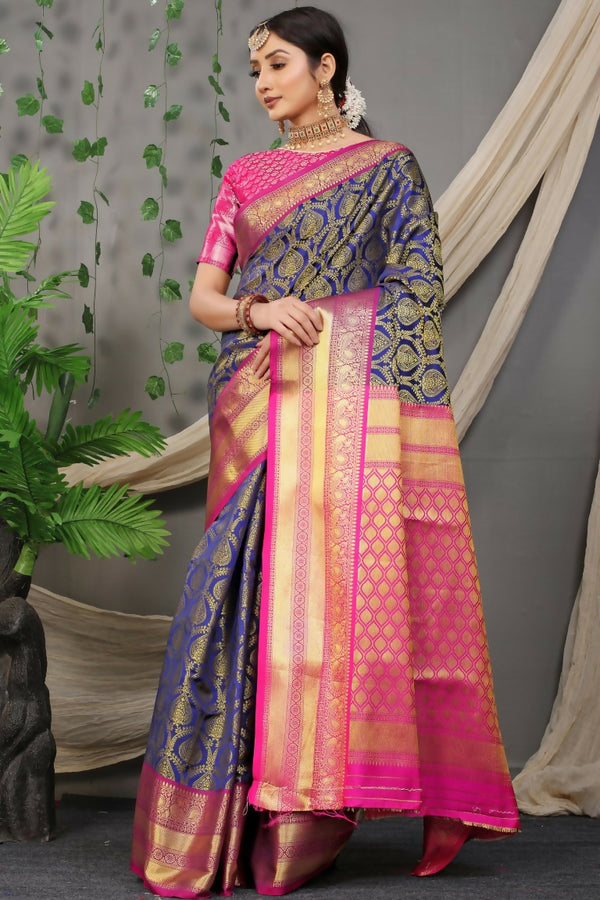 Jyoti Fashion Women's Navy Blue Kanjivaram Silk Zari Woven Saree with Blouse - Distacart