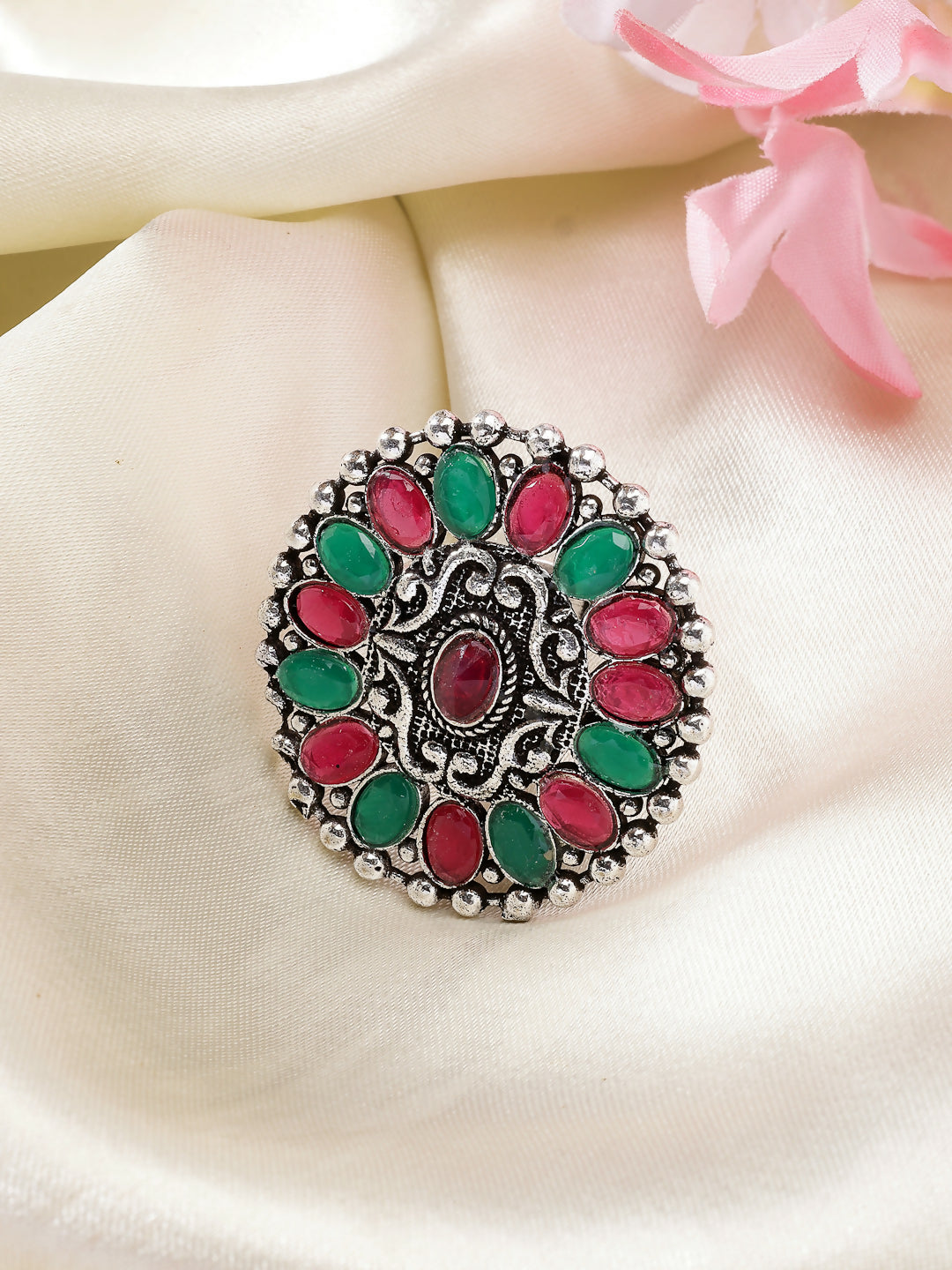 NVR Women's Multicolor Silver-Plated Circular Shape Adjustable Finger Ring - Distacart