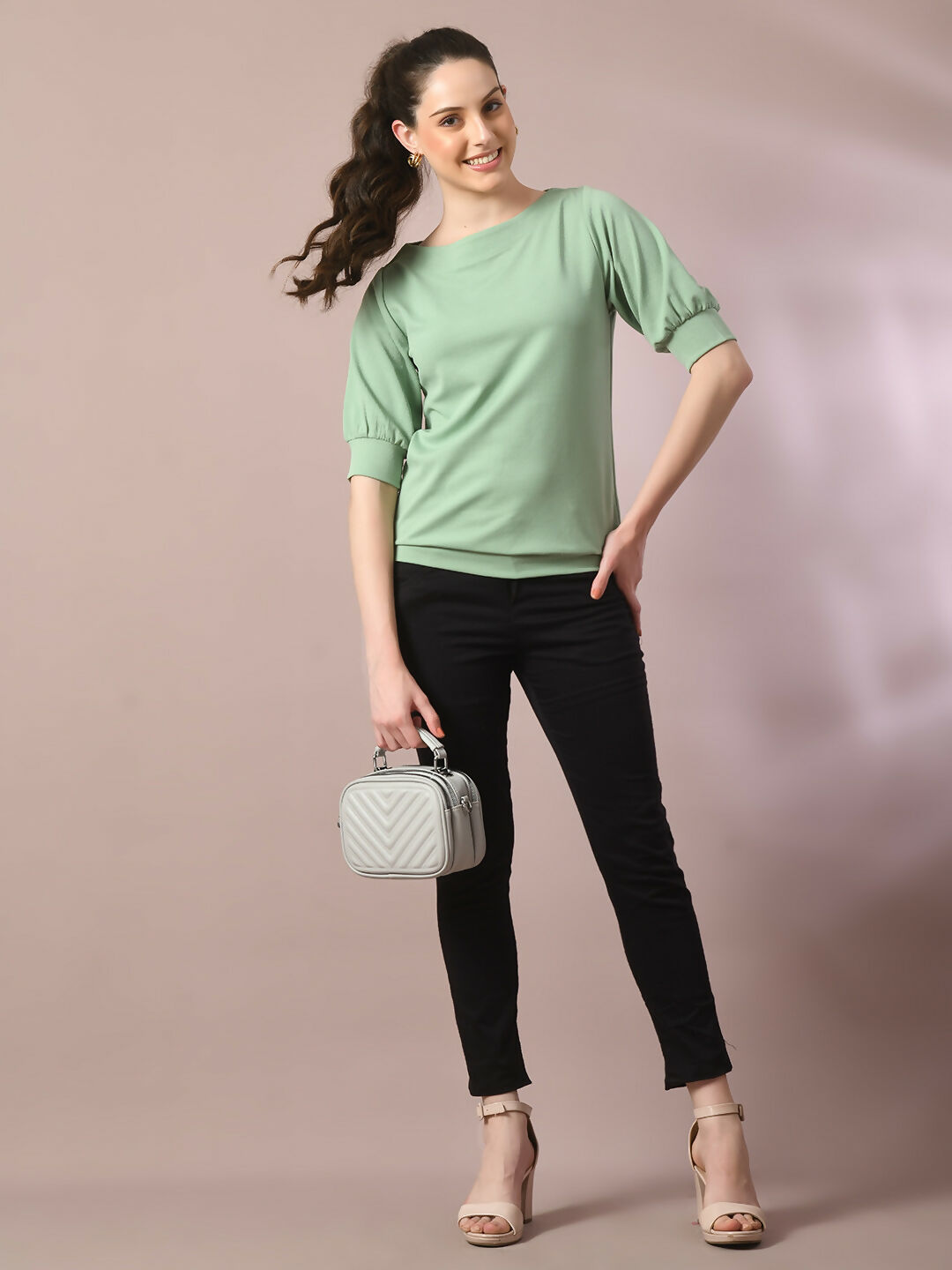 Myshka Women's Sea Green Solid Boat Neck Party Top - Distacart