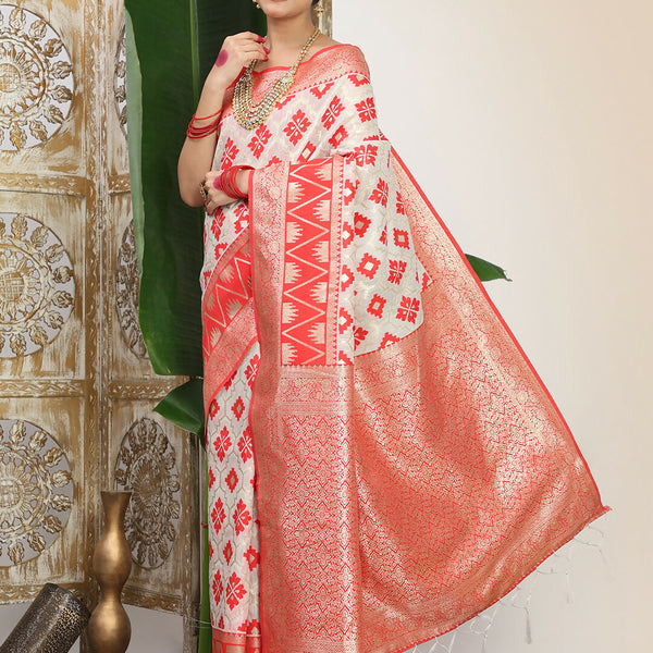 Astita Linen Cotton Red & White Saree