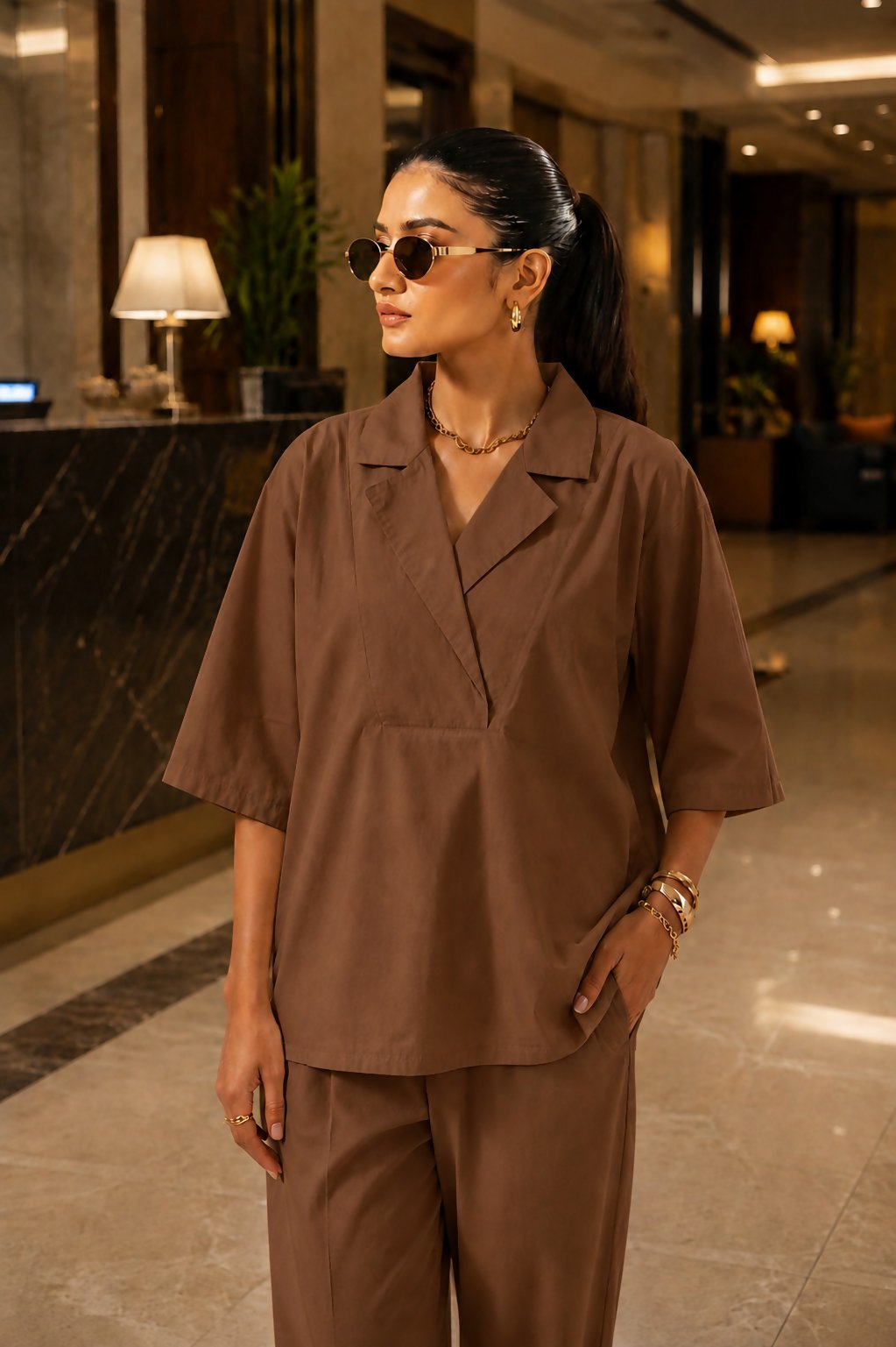 Aayaa Designer Pure Cotton Cord Set-Brown - Dista