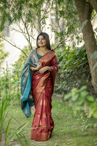 Vishnu Weaves Women's Maroon Banarasi Silk Saree with Blouse - Distacart