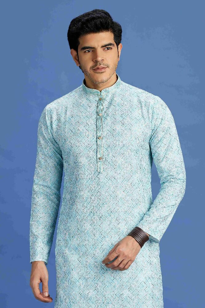 Raivat Ethnic Cotton Embroidery Kurta Pajama In Sky Blue Colour - Dista