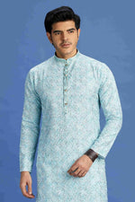 Thumbnail for Raivat Ethnic Cotton Embroidery Kurta Pajama In Sky Blue Colour - Dista