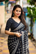 Thumbnail for Navy Blue Poly Georgette Ajrak Saree with Unstitched Blouse - Hiral Fashion - Distacart
