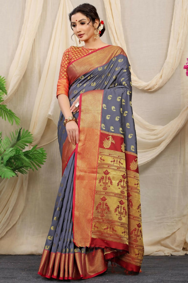 Jyoti Fashion Women's Grey Banarasi Silk Zari Woven Saree with Blouse - Distacart