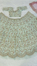 Thumbnail for Jyoti Fashion Women's Sea Green Mulberry Silk Sequins, Dori & Thread Embroidered with Net Ruffle Work Designer Lehenga Choli Set - Distacart