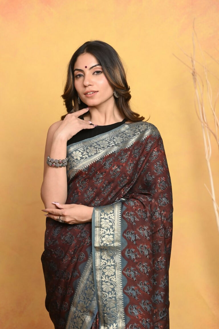 Very Much Indian Modal Silk Ajrakh Handblock Printed Natural Dyes With Designer Border Saree - Dark Maroon - Distacart