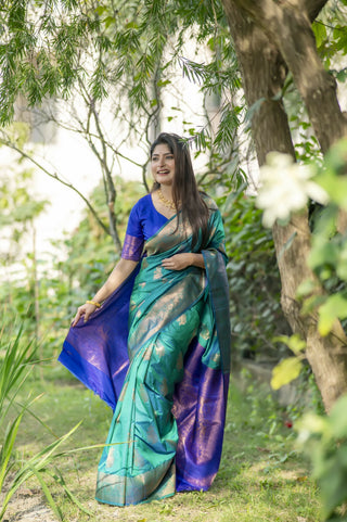Vishnu Weaves Women's Rama Banarasi Silk Saree with Blouse - Distacart