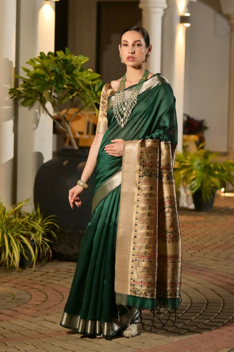 Vishnu Weaves Women's Green Soft Tussar Silk Printed Saree with Blouse