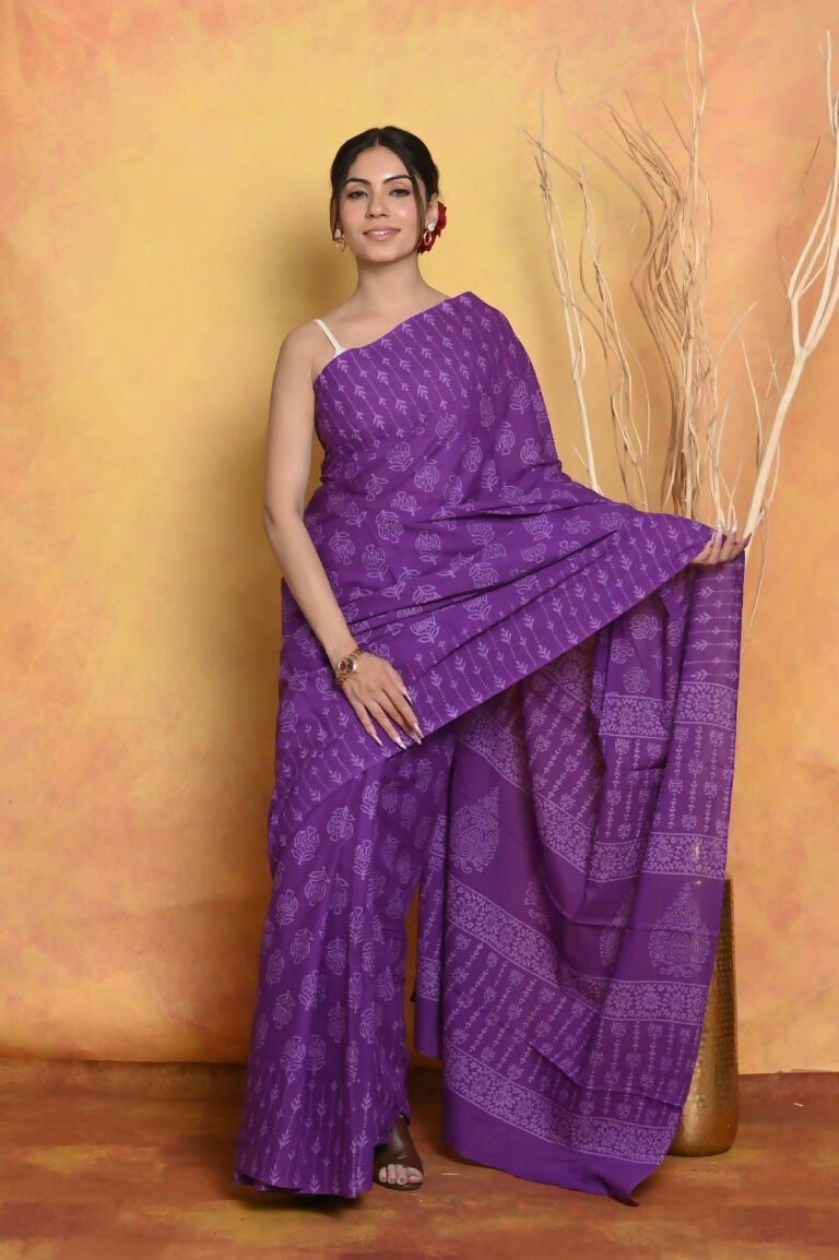 Very Much Indian Handblock Printed Cotton Saree With Natural Dyes - Purple - Distacart