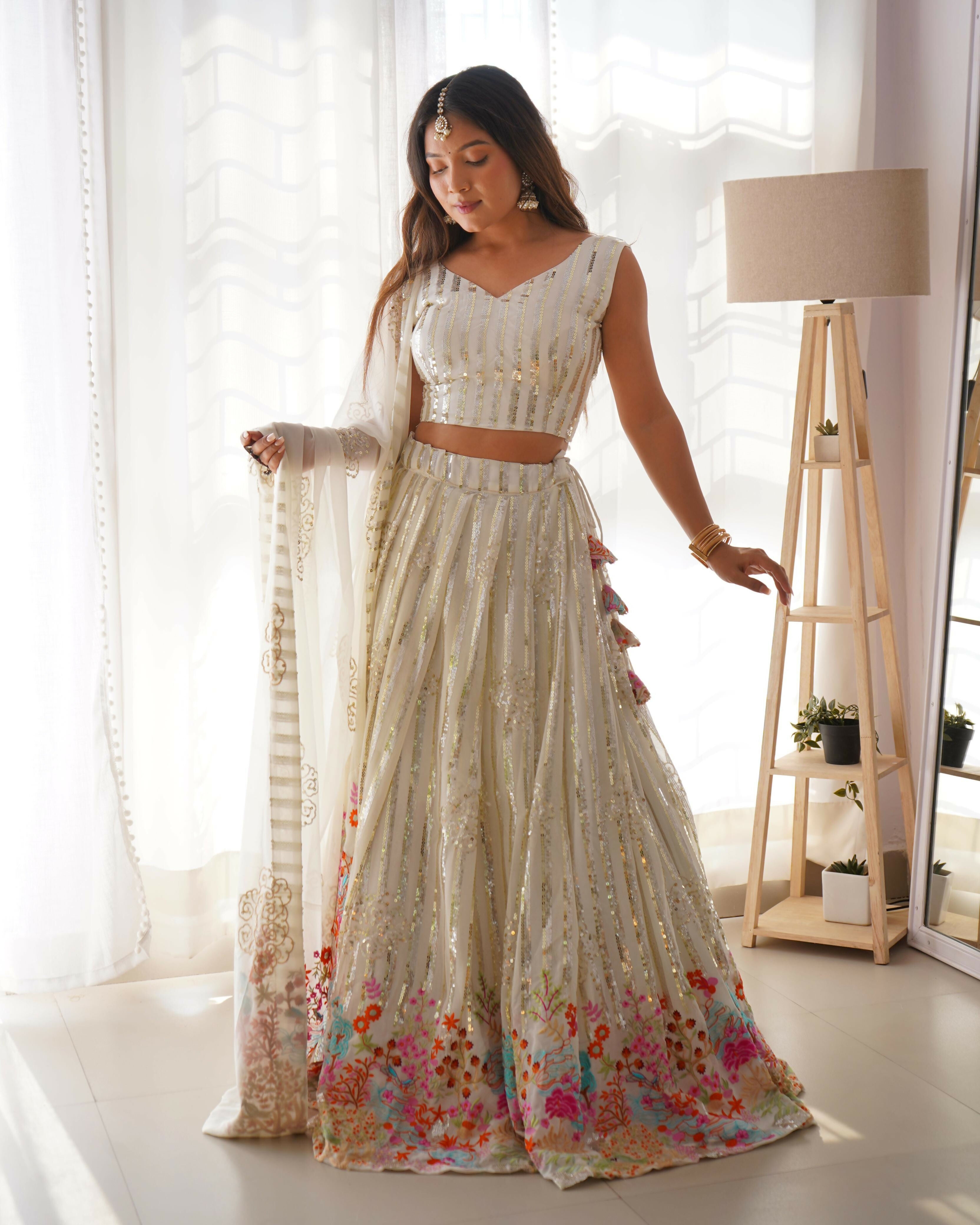 Joban Fashion white Lehenga Georgette Sequins and Thread Work