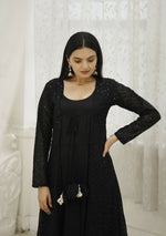 Thumbnail for Aastha Fashion Women's Black Designer Rayon Gown with Crochet Embroidery Work Shrug - Distacart
