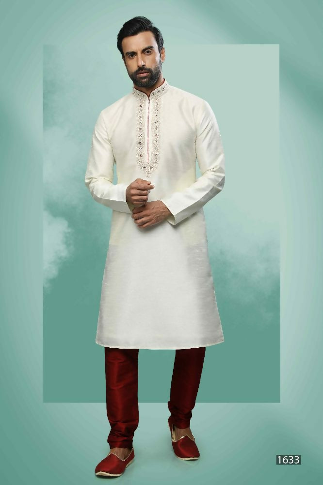 Raivat Ethnic Art Silk Mirror Embroidery Work Kurta Pajama In Cream Colour - Dista