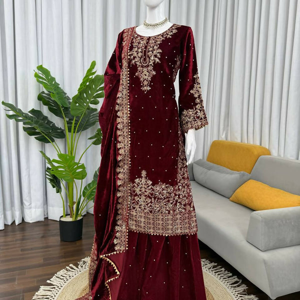 Vastranavya Maroon Viscose Velvet Cording Sequence With Moti Work Top-Bottom With Dupatta