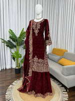 Thumbnail for Vastranavya Maroon Viscose Velvet Cording Sequence With Moti Work Top-Bottom With Dupatta