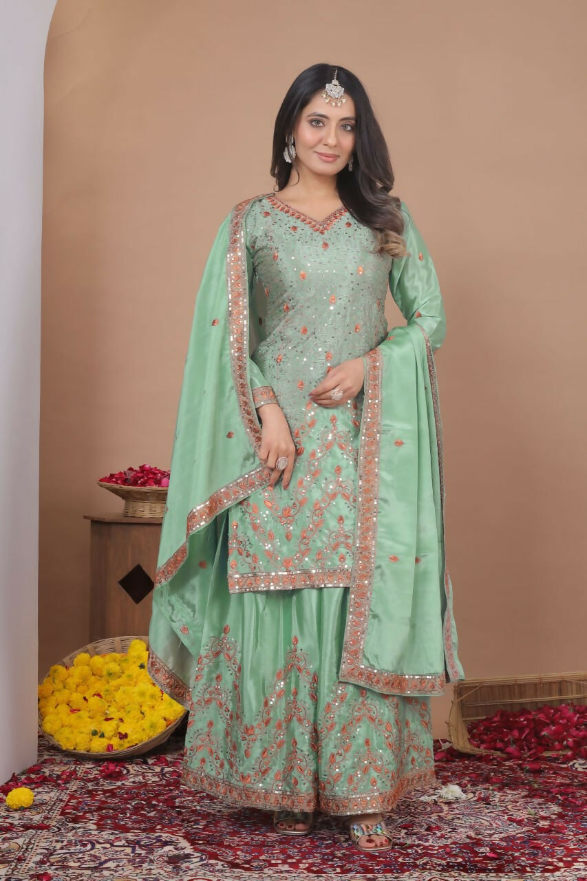 Teeya Creation Womens Trendy Light Green Silk Blend Gota Patti And Sequins Embroidered Sharara Suit Set - Dista