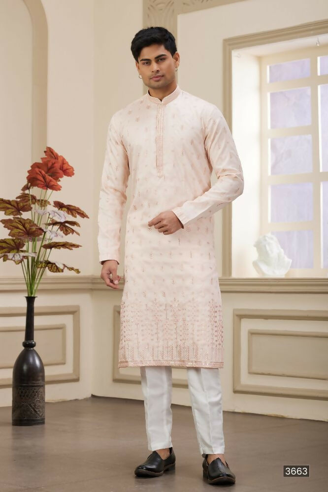 Raivat Ethnic Art Silk Thread Work Kurta Pajama In Light Pink Colour