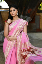 Thumbnail for Joban Fashion Baby Pink Crepe Chiffon Pure Handloom Banarasi Silk Saree