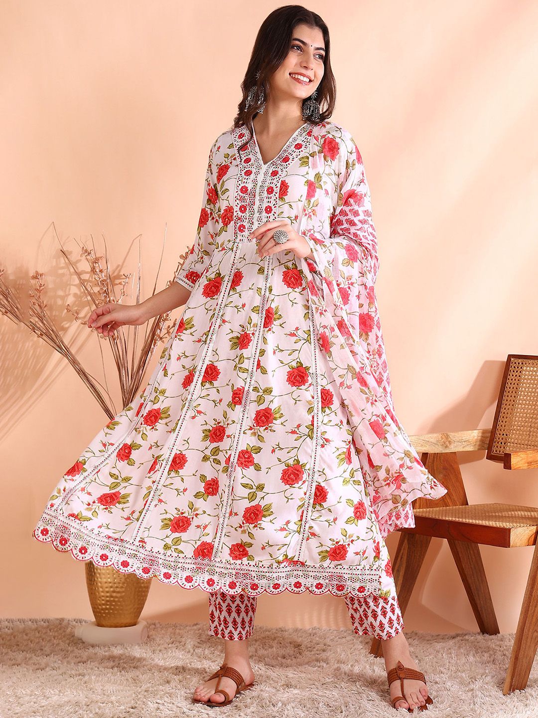 Ode by House of Pataudi Thread Work Pure Cotton Anarkali Kurta with Trousers & Dupatta - Distacart