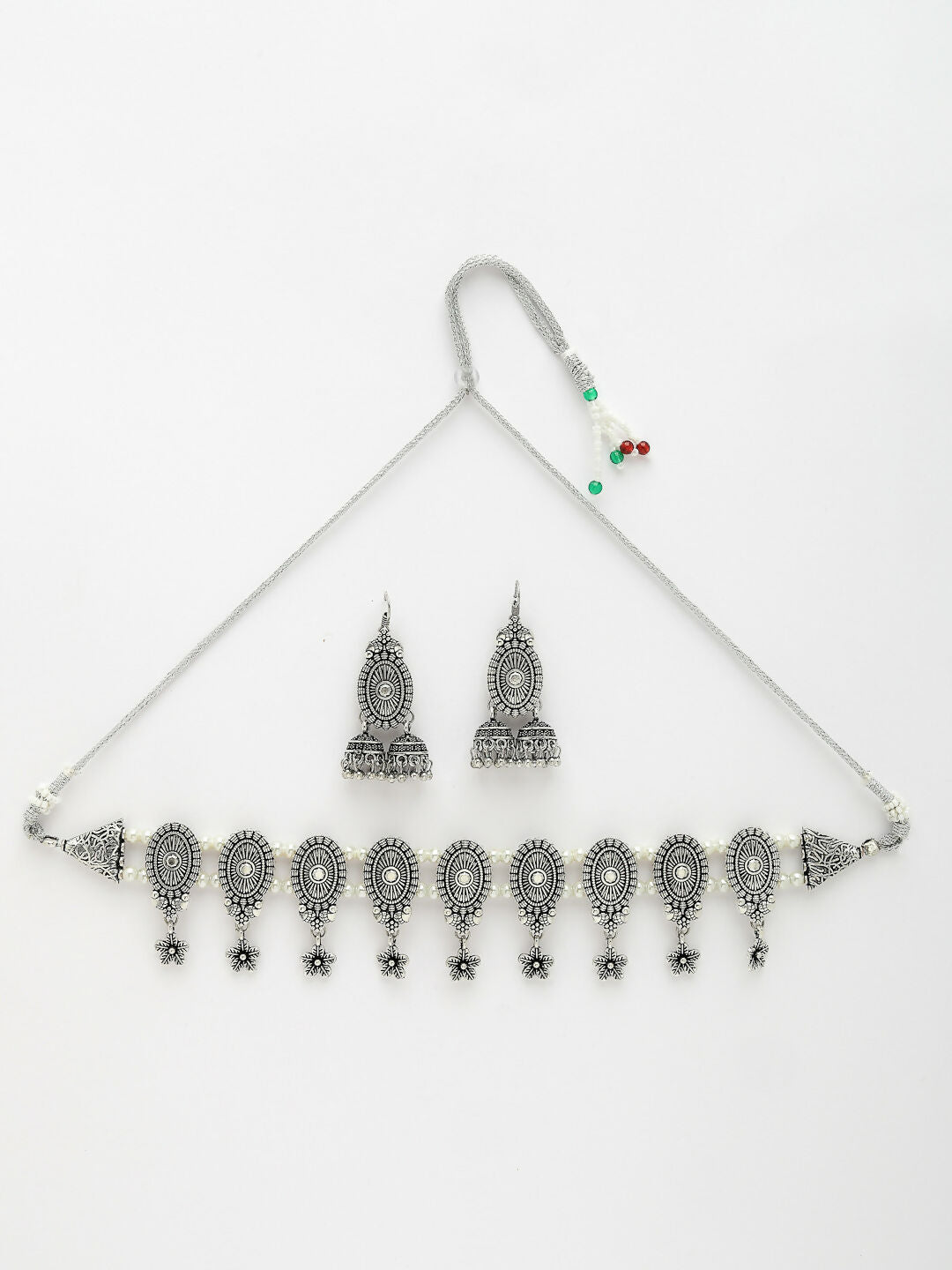 NVR Women's Silver-Plated Choke Oxidized Necklace with Jhumka Earrings - Distacart
