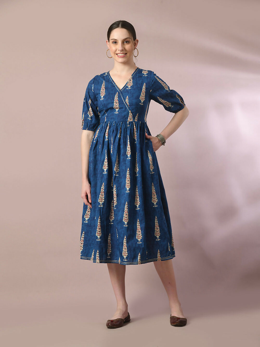 Myshka Women's Blue Printed Cotton V-Neck Empire Party Dress - Distacart