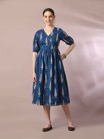 Thumbnail for Myshka Women's Blue Printed Cotton V-Neck Empire Party Dress - Distacart