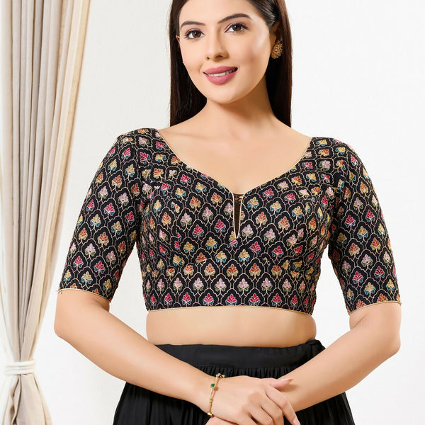 Joban Fashion Black Silk Padded Blouse With Sweetheart Neck Elbow Sleeves - Distacart