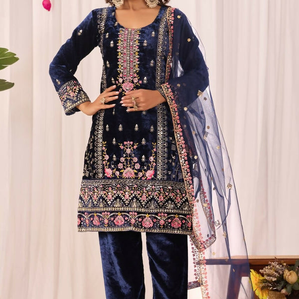 Teeya Creation Blue Color Velvet Embroidery Work Wedding Wear Salwar Suit