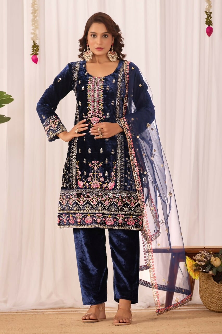 Teeya Creation Blue Color Velvet Embroidery Work Wedding Wear Salwar Suit - Distacart