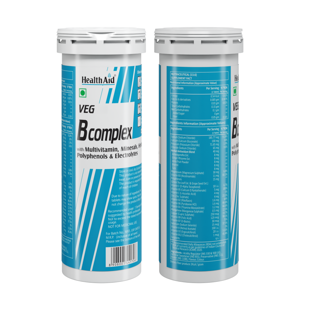 HealthAid Vegan B Complex with Multivitamins & Electrolytes Mango Flavour Effervescent Tablets - Distacart