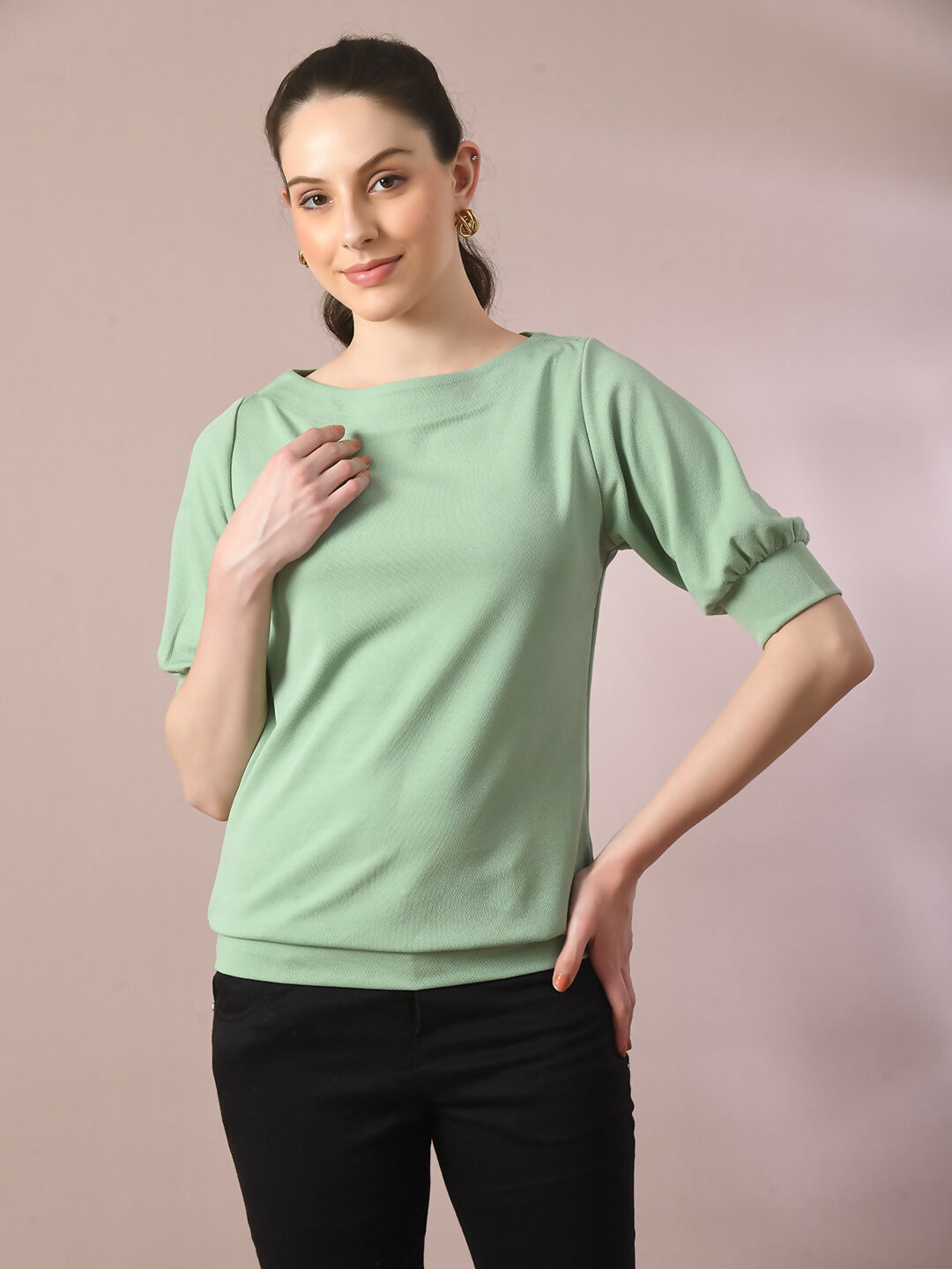Myshka Women's Sea Green Solid Boat Neck Party Top - Distacart