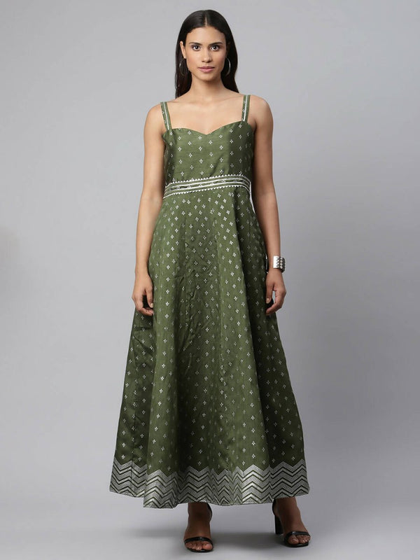 Ahalyaa Women Olive Poly Silk Silver Foil Printed Dress - Distacart